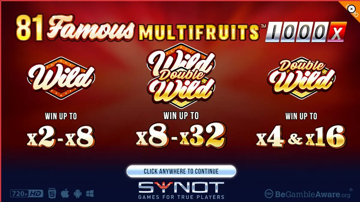 Tampilan visual mesin slot 81 Famous Multifruits 1000 dengan simbol buah klasik dan neon.