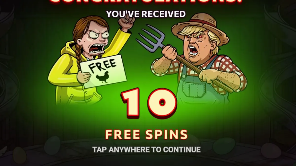Egg Inc. slot machine interface featuring cartoon farm rebellion theme