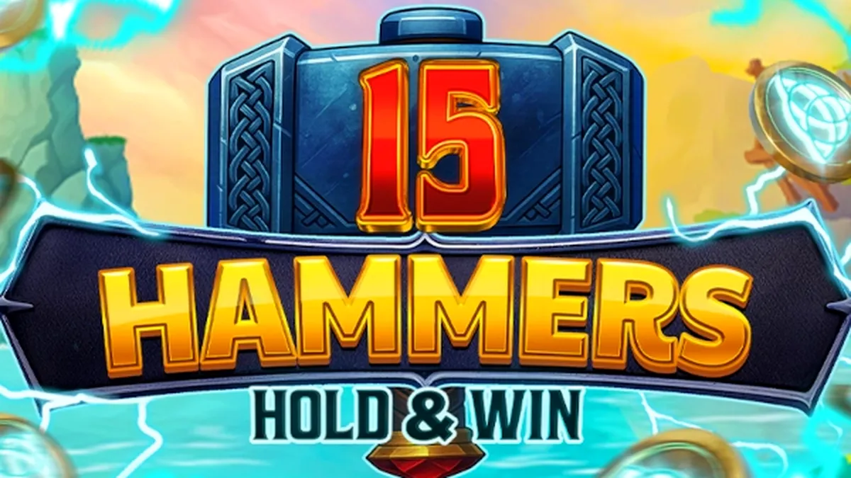 Tampilan visual permainan slot 15 Hammers: Hold & Win dengan latar belakang yang dinamis