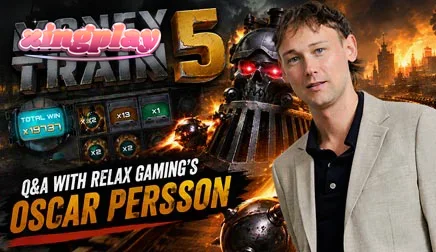 Tampilan visual kereta api futuristik dalam permainan slot Money Train 5